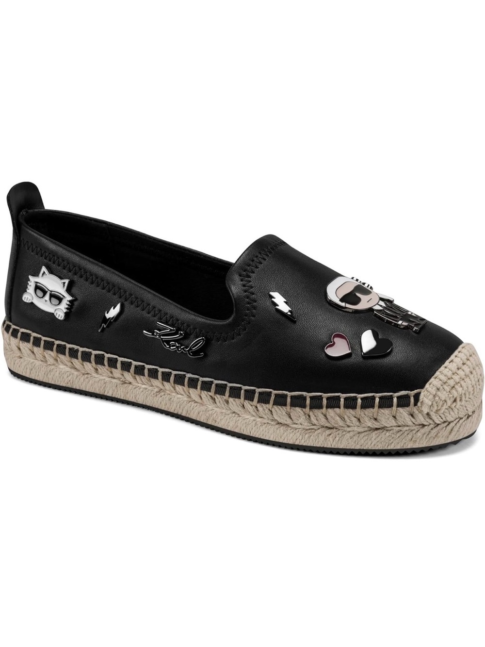 Karl Lagerfeld Black Leather Espadrille Slippers with Red Heart Accents - Picture 5 of 5